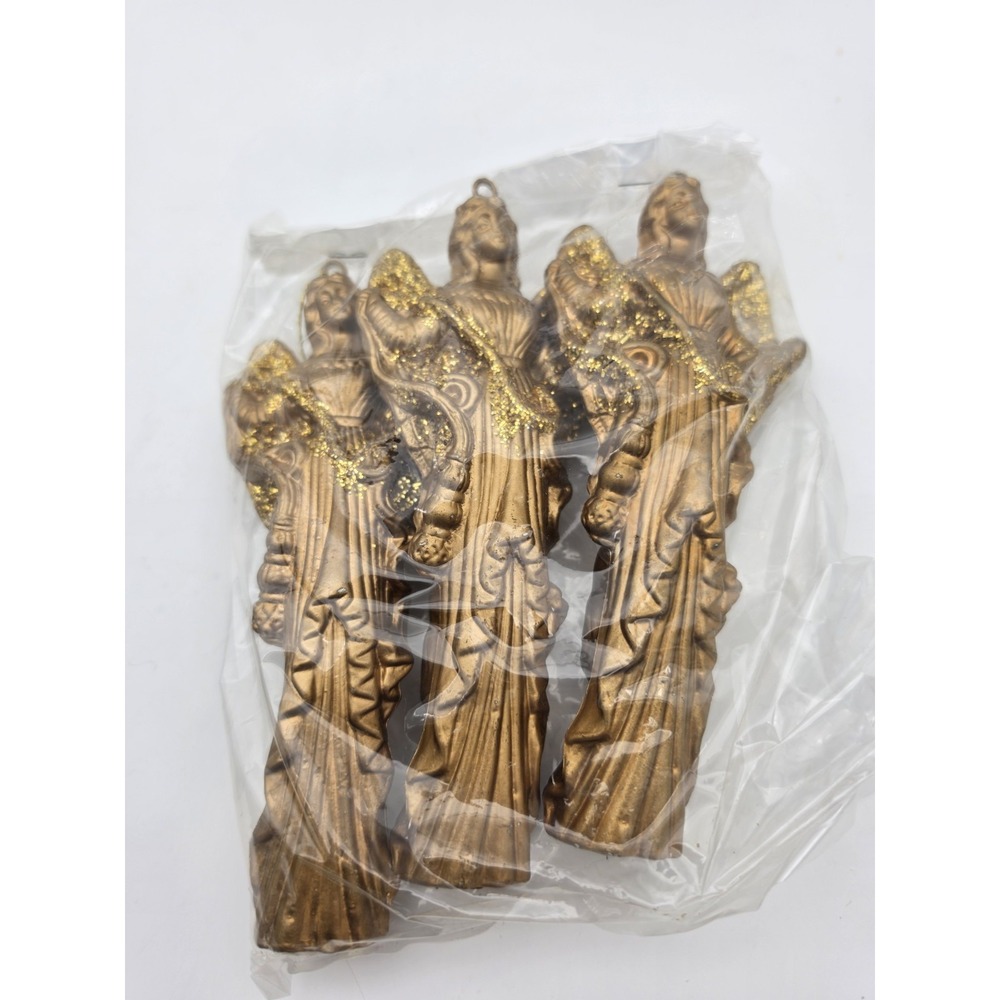 Lot 3 Vtg  Angel Cherub Christmas Tree ORNAMENTS with Gold tone Glitter 7" Tall